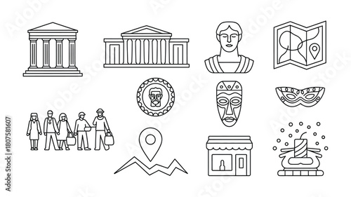 Outlined cultural icons and symbols representing different aspects of human history