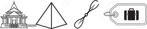 Outline Icons of Architecture, Geometry, Sports Equipment, and Travel Luggage