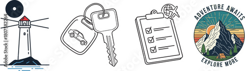 Minimalist Lighthouse, Car Keys, Checklist, and Mountain Landscape Icons