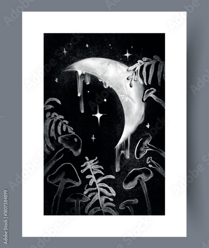 Supernatural lunar illustration with eerie gothic and witchcraft elements