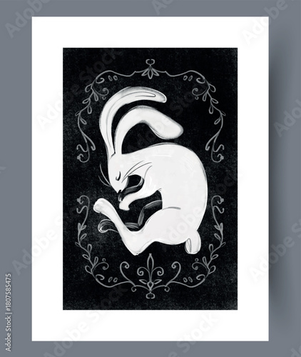 Mystical white fox curled amid detailed ornamental motifs