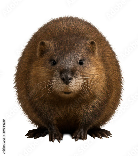 Muskrat with thick brown fur and a flattened tail.