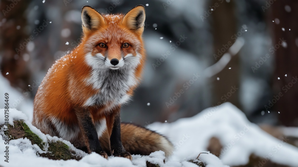 Obraz premium A red fox is sitting among the snow in the woods looking at the camera