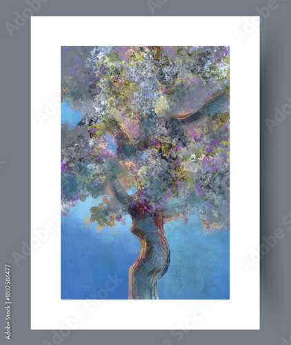 Vibrant blossom tree depicted with artistic layering and playful hues