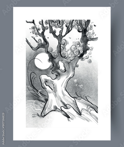 Detailed monochrome representation of tree with swirling limbs