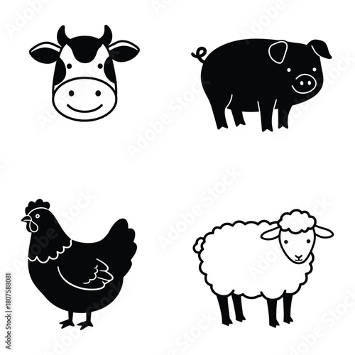 Farm Animals Icon Set in Black and White cow pig chicken sheep livestock mammal poultry illustration vector domestic animal agriculture