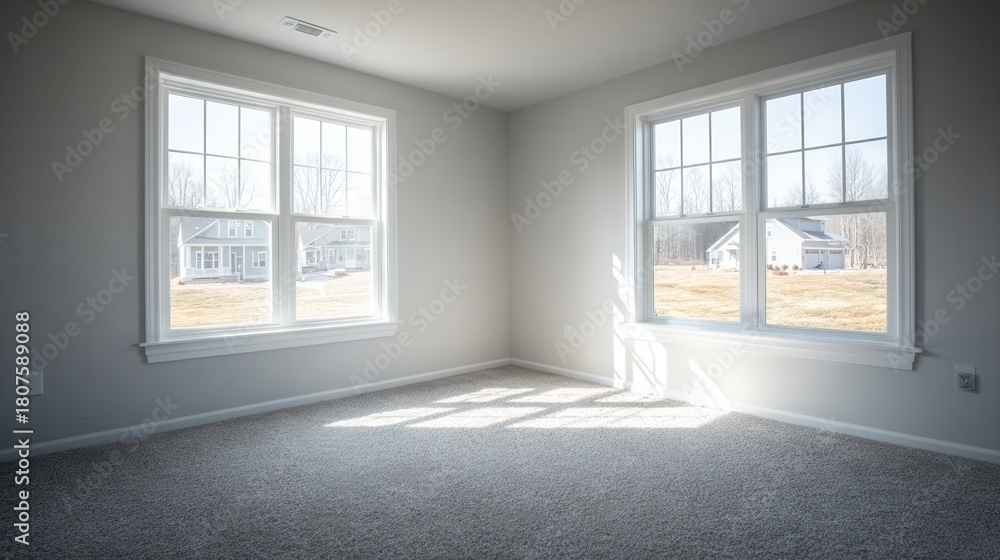 Fototapeta premium Bright and Inviting Empty Bedroom With Gray Carpet in Newly Constructed Home