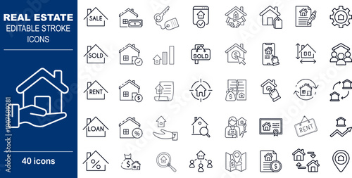 Real Estate and Property Vector Icons. Set of 40 editable stroke symbols for housing sales, rentals, and loans. Includes house, keys, mortgage, and location markers