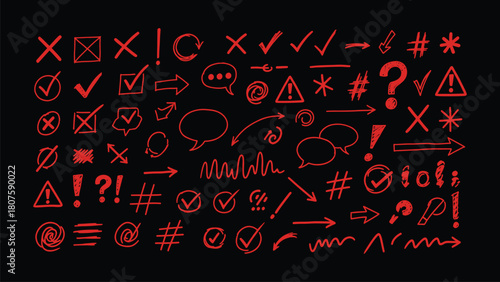 Red Hand-Drawn Symbols and Icons on Black Background