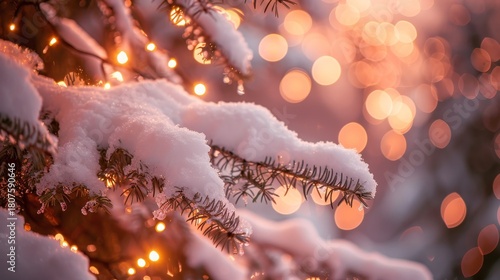 Enchanting winter scene  frosty spruce branches and dreamy pastel lights for holiday cheer