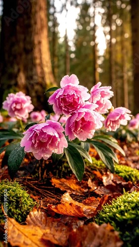 Wallpaper Mural Pink flowers bloom in a forest clearing with sunlight filtering through trees Torontodigital.ca