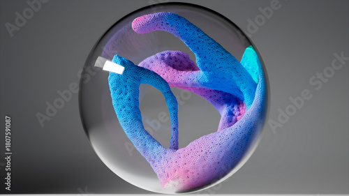 3d render of abstract art surreal glass sphere ball with organic substance inside based on connected small balls spheres as molecular structure particles in deformation transformation process