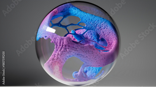 3d render of abstract art surreal glass sphere ball with organic substance inside based on connected small balls spheres as molecular structure particles in deformation transformation process