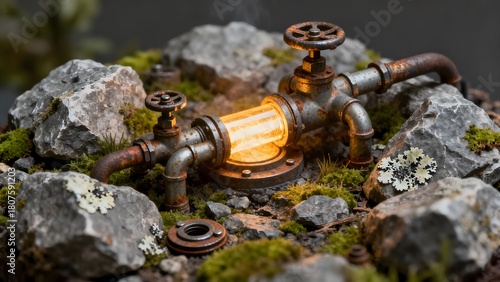 A miniature geothermal energy installation with glowing heat core and pipes, presented in a detailed eco-tech micro world