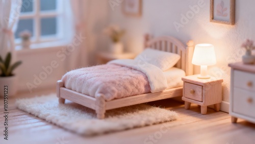 A cozy miniature bedroom with soft ambient LED lighting and minimalistic furniture, perfect for lifestyle and modern interior concepts