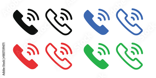 Ringing Phone Handset Icon Vector Set. Communication Symbol in Solid and Outline Styles for Contact Us, Customer Service, and Technology