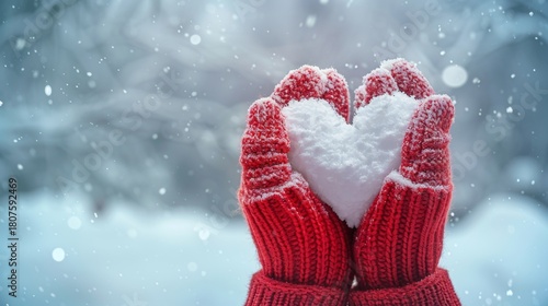 Cozy winter scene  red knitted mittens embrace a snow heart amidst sparkling snow and love