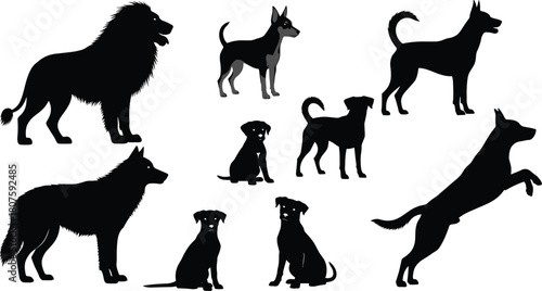 Animal Silhouettes Set Vector Illustration of Dogs Wolf and Lion Standing Sitting and Jumping Isolated on White Background