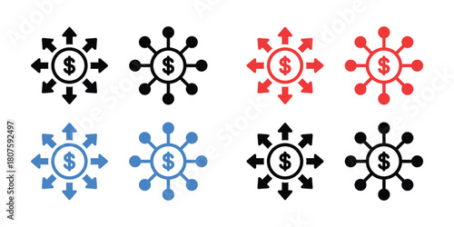 Money Distribution Spread Icon Set | Dollar Transaction, Financial Network, Multi-Directional Investment, Influence, and Flow Vector 