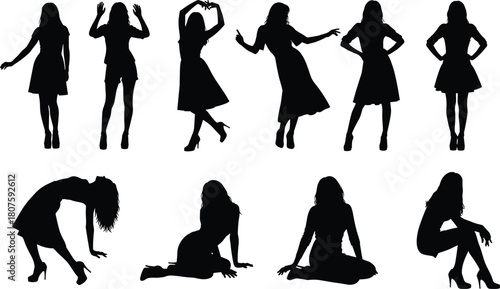 Sexy Woman Silhouette Set Vector Illustration of Female Models Posing Dancing and Sitting Isolated on White Background