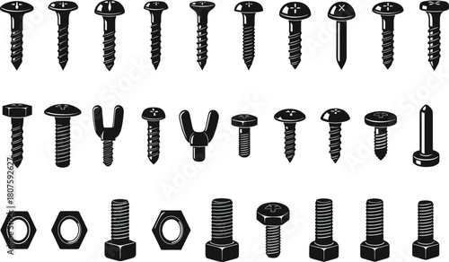 Screw Bolt and Nut Icon Set Vector Illustration of Metal Construction Fasteners and Hardware Isolated on White Background