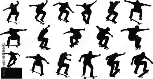 Skateboarder Silhouettes Set Vector Illustration of Young Men Performing Skateboarding Tricks Jumps and Stunts Isolated on White