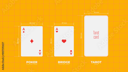 Vector illustration of playing cards for poker, bridge, and tarot showing their dimensions. Size comparison. Perfect for card game design, templates, and educational or graphic projects.