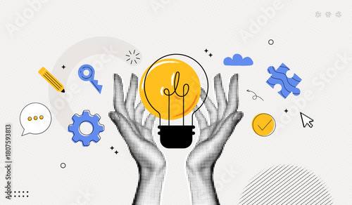 Trendy Halftone Collage Two Hands holds lightbulb. Creative mind, brainstorm or innovation. Create creative idea concept. Business solutions. Think outside box. Contemporary vector illustration art