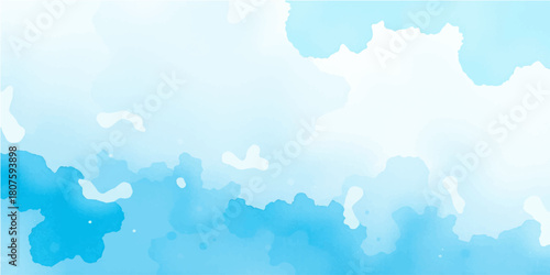 Abstract blue watercolor background evoking a bright summer sky with beautiful white fluffy clouds