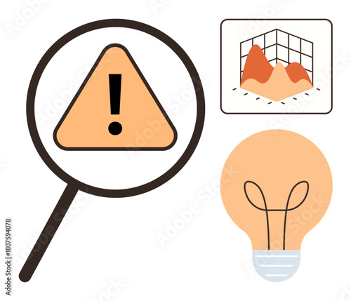 Magnifying glass highlighting alert sign with light bulb symbolizing innovation and 3D data chart implying assessment. Ideal for risk management, innovation, analytics, safety, decision-making