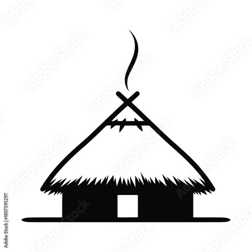 Silhouette of a traditional hut with thatched roof isolated on