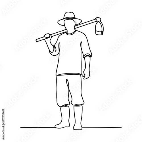 Farmer with hoe on shoulder, isolated on
