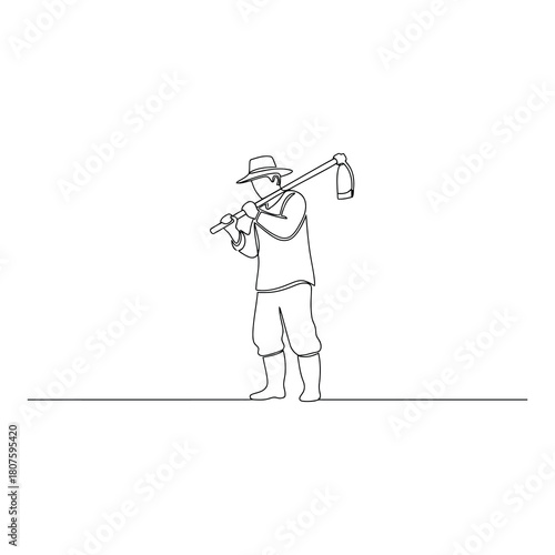 Continuous line drawing of a farmer carrying a hoe isolated on