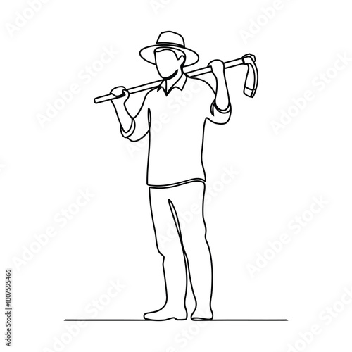 Farmer with hoe on shoulder, isolated on