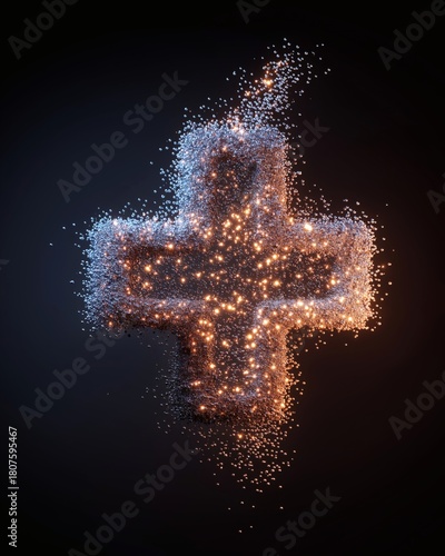 A glimmering plus sign glows softly against the dark colored background.