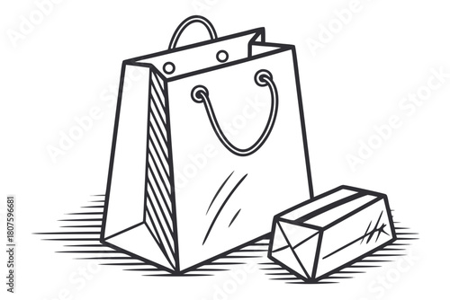 Shopping bag and gift box line art present retail