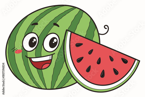 Smiling Cartoon Watermelon With Slice fruit happy