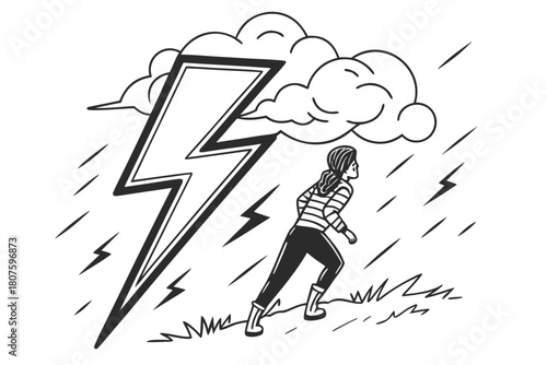 Woman Running from Lightning Storm thunder