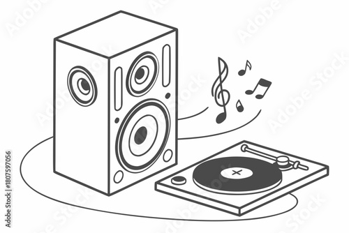 Outline of a Speaker and Turntable with Music Notes