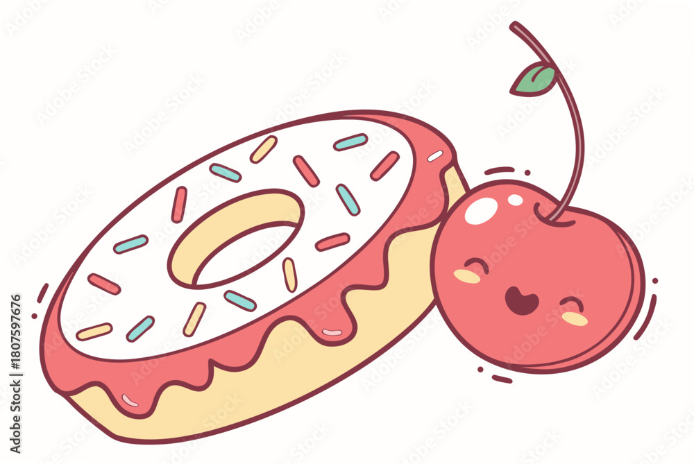 Obraz premium Cute Kawaii Donut and Cherry with Happy Faces illustration