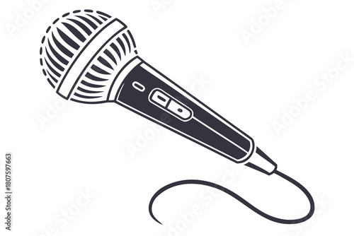 Vintage Microphone with Curly Cord on White Background