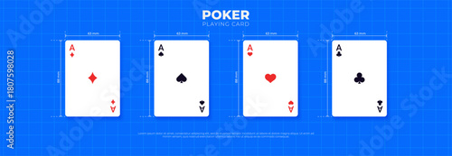 Vector illustration of playing cards for poker showing their dimensions. Size layout guides. Spade, heart, club, and diamond aces. For card game design, and educational or graphic projects.