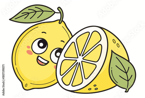 Cute cartoon lemons with leaves fruit character