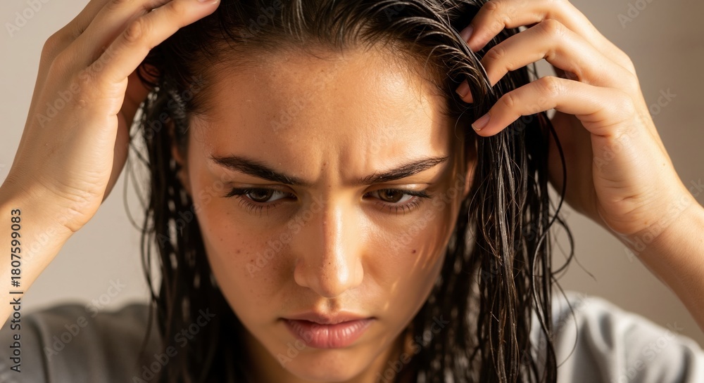Obraz premium A concerned young woman examining her wet hair and scalp. Close-up on a female with a hair problem like dandruff or hair loss. Hair care and treatment concept