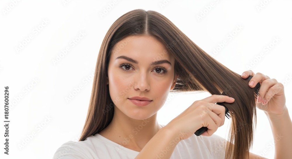Fototapeta premium Young woman combing her long, healthy brown hair with a brush. Portrait of a brunette model showing a hair care and beauty routine isolated on a white background