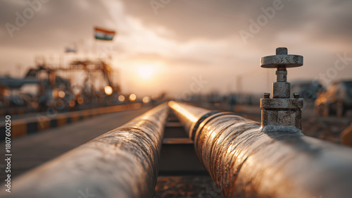 Natural gas pipeline infrastructure glistens in sunset skies of India