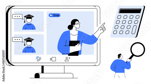 Teacher conducts a live online class with graduating students on screen, featuring communication tools, calculator, and magnifier. Ideal for education, tutoring, e-learning, training, academic