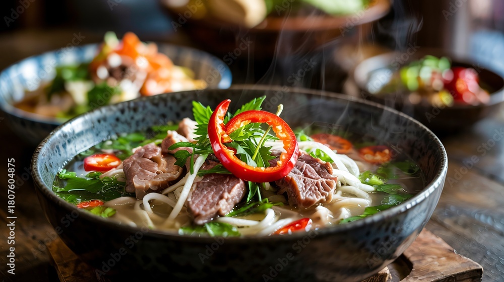 Naklejka premium Cinematic close up of a steaming bowl of Asian noodle soup with beef and chili