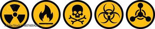 Set of essential hazard warning signs: radiation hazard, flammable sign, poison, biohazard, and chemical symbols