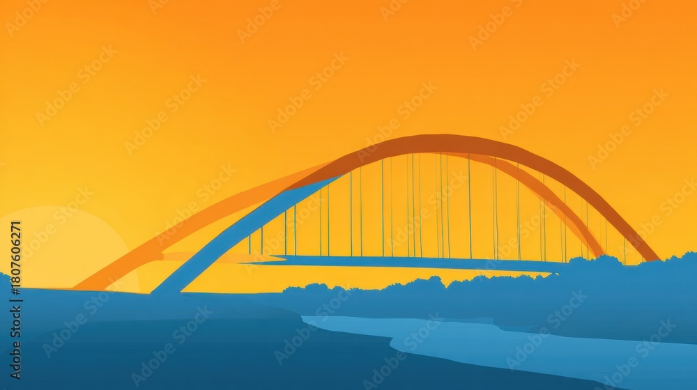 Obraz premium Sunset View of a Modern Bridge Spanning a River With Vibrant Colors in the Sky Reflecting Its Architecture